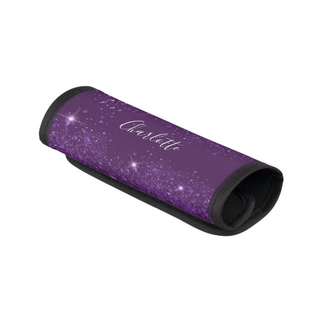 Purple glitter monogram name luggage handle wrap (Angled)