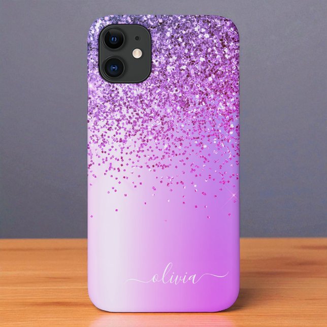 Purple Glitter Monogram Name Luxury Girly Case-Mate iPhone Case (Creator Uploaded)