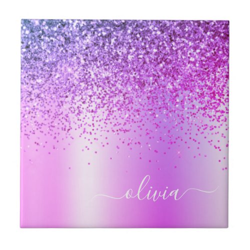 Purple Glitter Monogram Name Luxury Girly Ceramic Tile