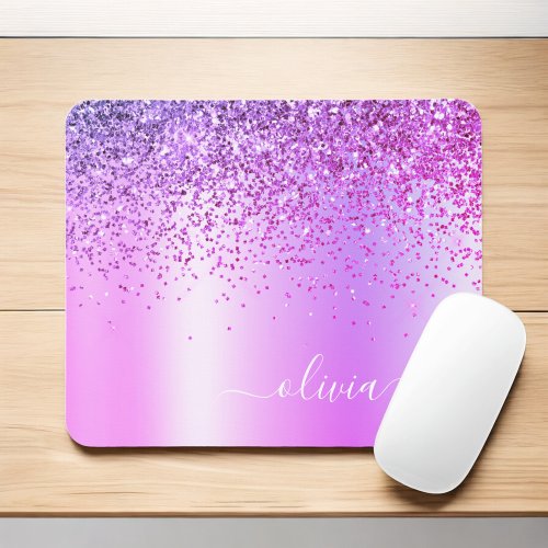 Purple Glitter Monogram Name Luxury Girly Mouse Pad