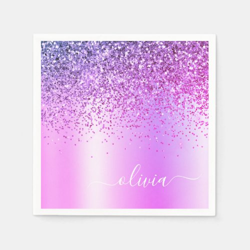 Purple Glitter Monogram Name Luxury Girly Napkins