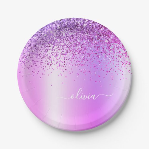 Purple Glitter Monogram Name Luxury Girly Paper Plates