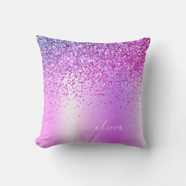 Purple Glitter Monogram Name Luxury Girly Throw Pillow (Front)