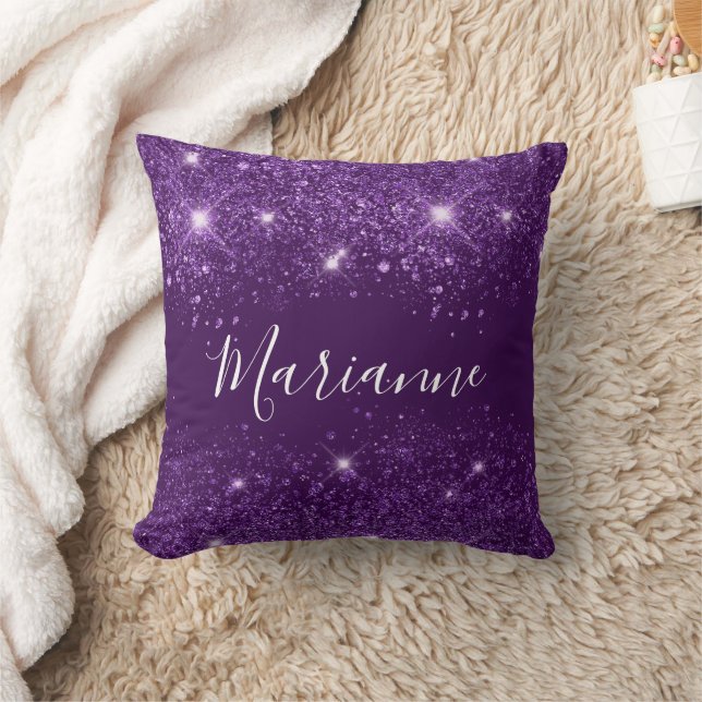 Purple glitter monogram name script throw pillow (Blanket)