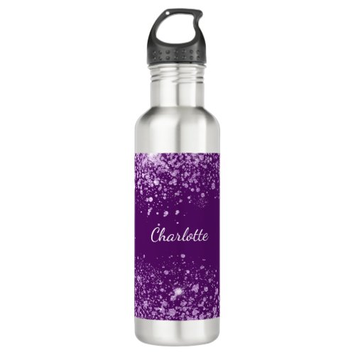 Purple glitter monogram name sparkle stainless steel water bottle