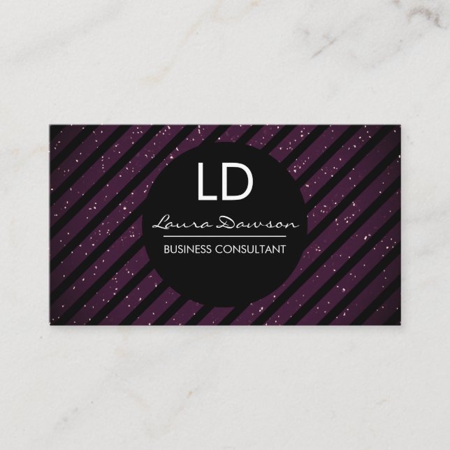 Purple Glitter Monogram Stripes Business Card (Front)