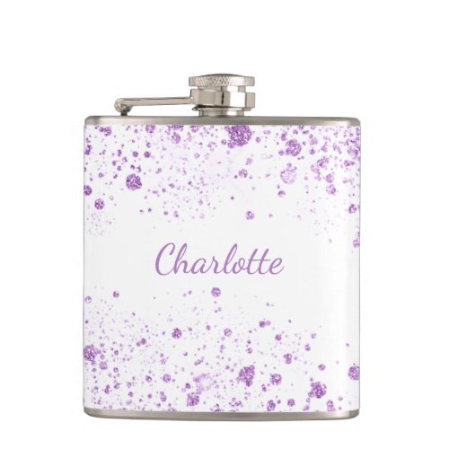 Purple glitter monogram white birthday flask