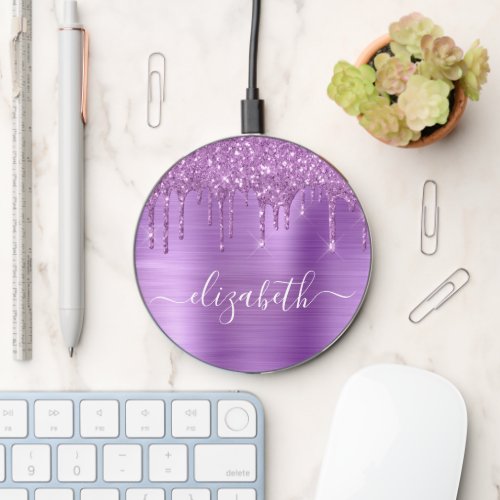 Purple Glitter Monogram Wireless Charger