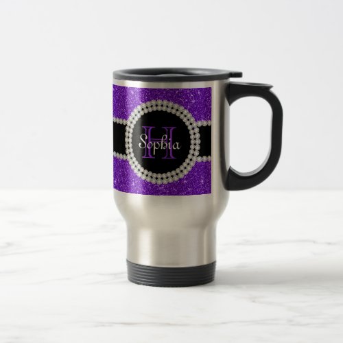 Purple Glitter Monogrammed Travel Coffee Mug