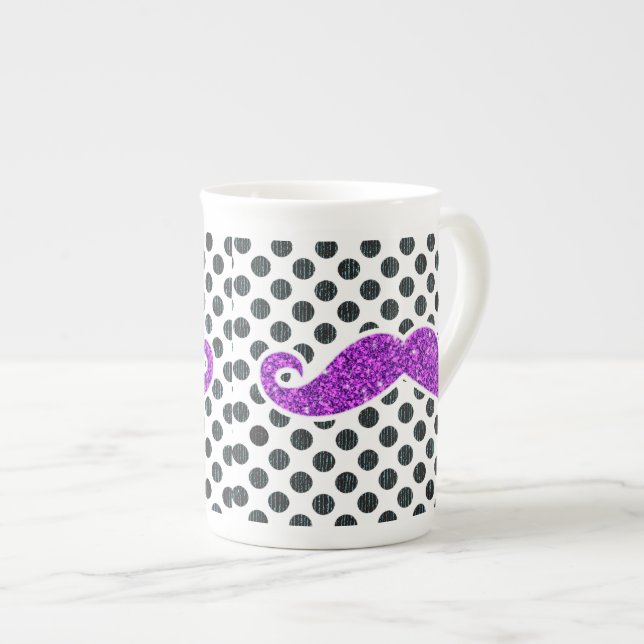 PURPLE GLITTER MUSTACHE POLKA DOTS BONE CHINA MUG (Front Right)