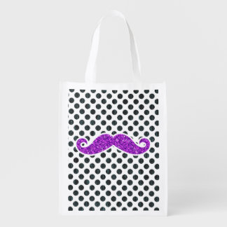 PURPLE GLITTER MUSTACHE POLKA DOTS GROCERY BAG