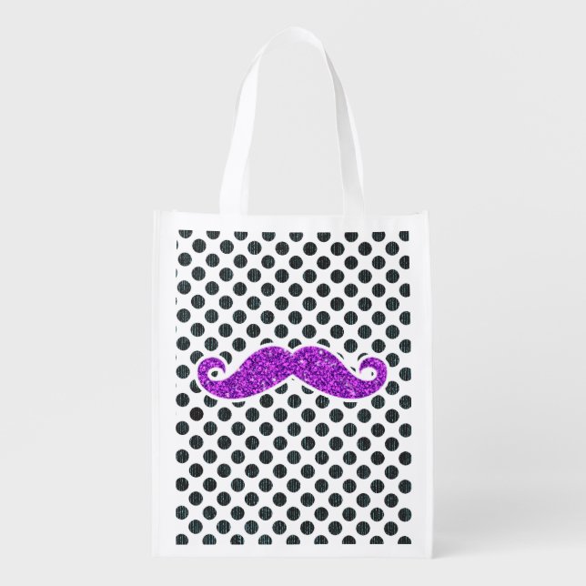 PURPLE GLITTER MUSTACHE POLKA DOTS GROCERY BAG (Front)