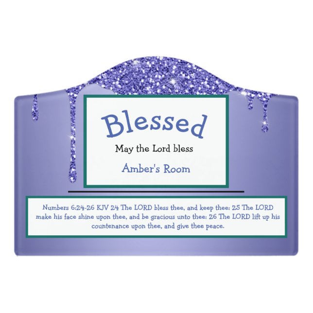 Purple Glitter Name Blessing Nursery Door Sign (Small Crest Front)