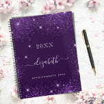 Purple glitter name script 2024 planner<br><div class="desc">Deep purple background, white text. Decorated with faux glitter dust. Personalize and add a year, your first name and a title. The name is written with a modern hand lettered style script with swashes. To keep the swashes only delete the sample name, leave the spaces or emoji's in front and...</div>