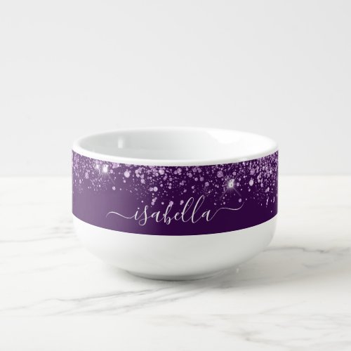 Purple glitter name script  soup mug