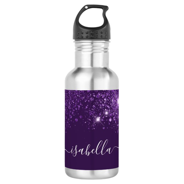 Purple glitter name script stainless steel water bottle (Front)