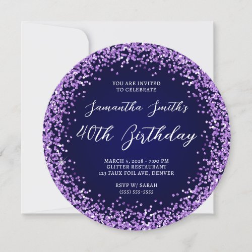 Purple Glitter Navy Ombre 40th Birthday Invitation