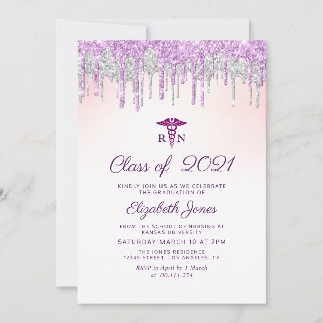 purple glitter nursing graduation party invitation (Front)