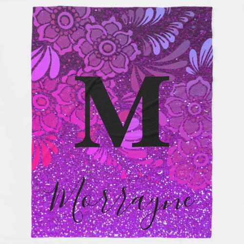 Purple Glitter Ombre Boho Chic Floral Monogram Fleece Blanket