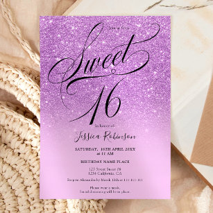  Purple glitter ombre chic script Sweet 16 Invitation