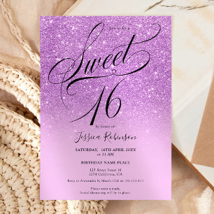 Purple glitter ombre chic script Sweet 16 Invitation