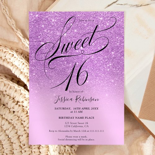  Purple glitter ombre chic script Sweet 16 Invitation