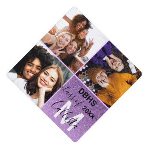 Purple Glitter Ombre Friends 3 Photo Collage Graduation Cap Topper