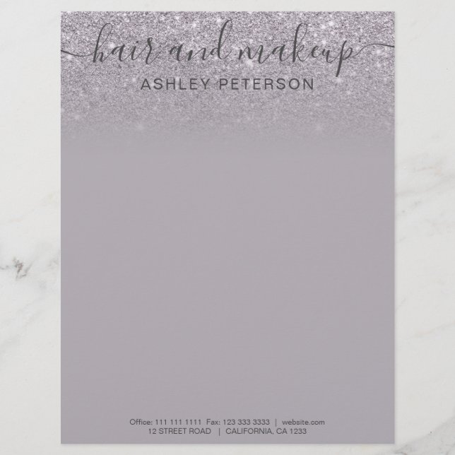 Purple glitter ombre lavender hair makeup letterhead (Front)