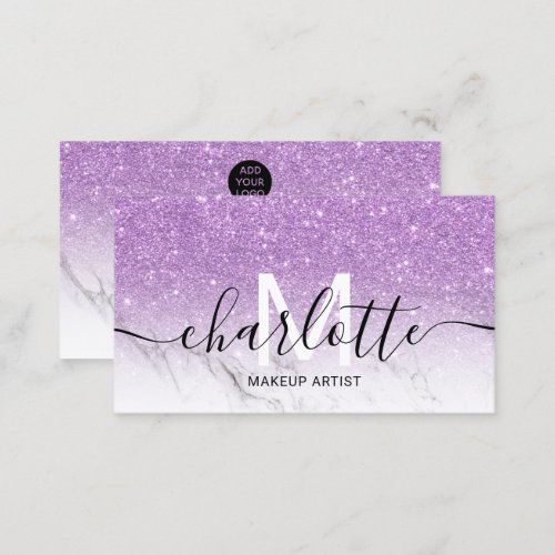 Purple glitter ombre marble name makeup logo business card
