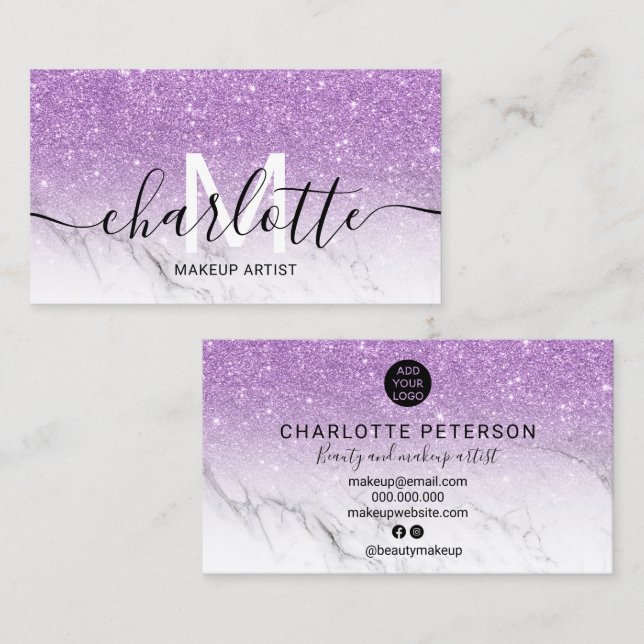 Purple glitter ombre marble name makeup logo business card (Front/Back)