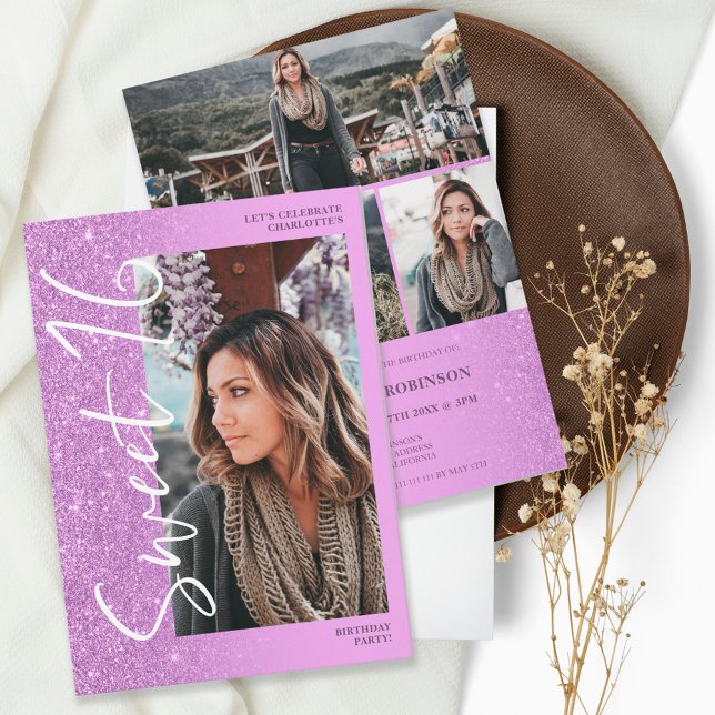 Purple glitter ombre script 4 photos Sweet 16 Invitation (Creator Uploaded)