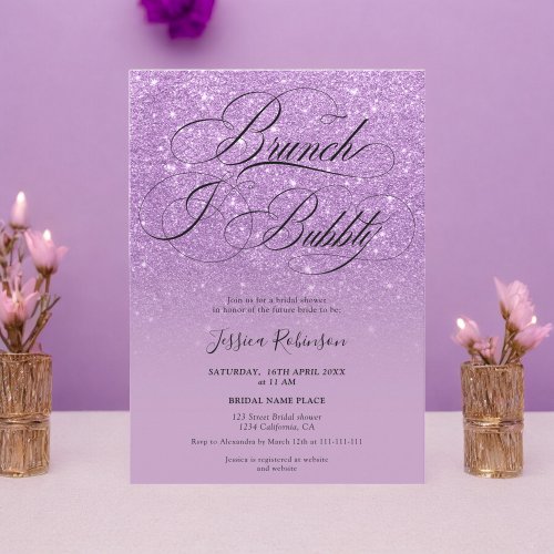 Purple glitter ombre script bridal shower invitation