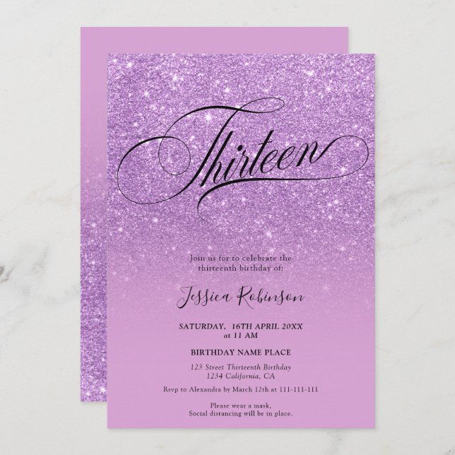 Purple glitter ombre sparkles chic script Thirteen Invitation (Front/Back)