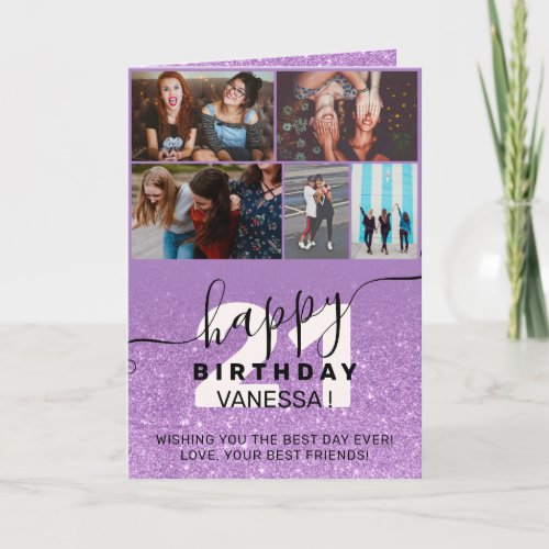 Purple glitter ombre violet birthday photos grid card