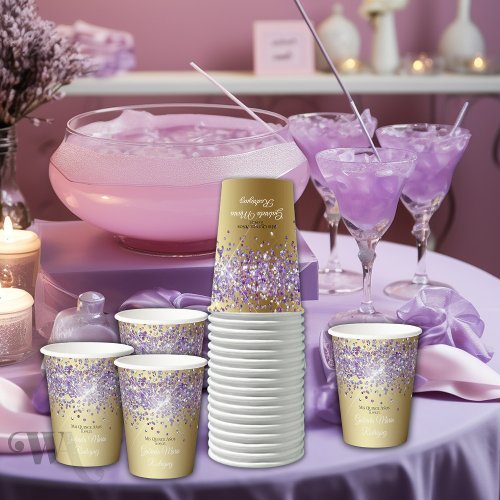 Purple Glitter on Gold  Quinceaera  Paper Cups