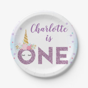 Purple Glitter One Unicorn 1st Birthday Paper Plates