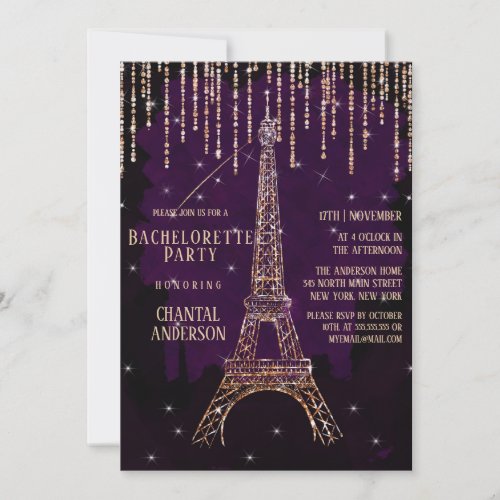Purple Glitter Paris Eiffel Tower Bachelorette Invitation