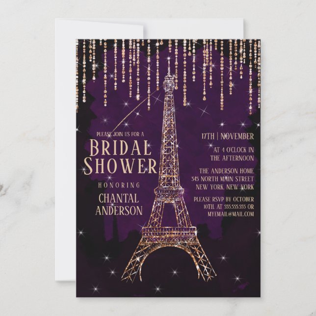 Purple Glitter Paris Eiffel Tower Bridal Shower Invitation (Front)