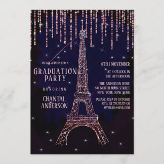 Purple Glitter Paris Eiffel Tower Graduation Party Invitation