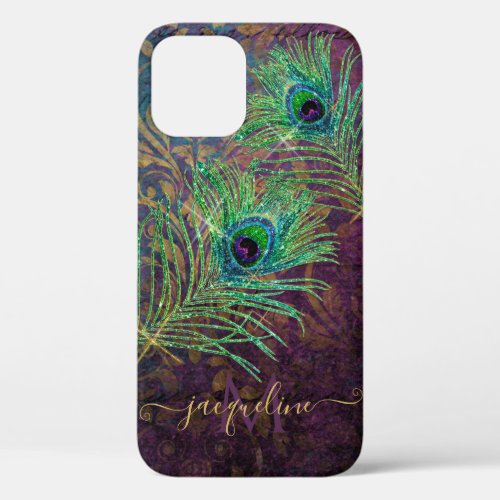 Purple Glitter Peacock Feathers Elegant Monogram iPhone 12 Case