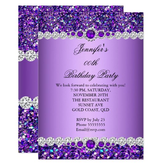 Purple Glitter Pearl Diamond Birthday Party Invitation