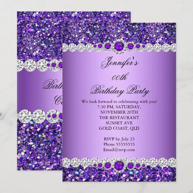 Purple Glitter Pearl Diamond Birthday Party Invitation (Front/Back)