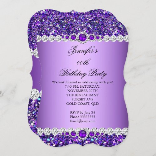 Purple Glitter Pearl Diamond Birthday Party Invitation