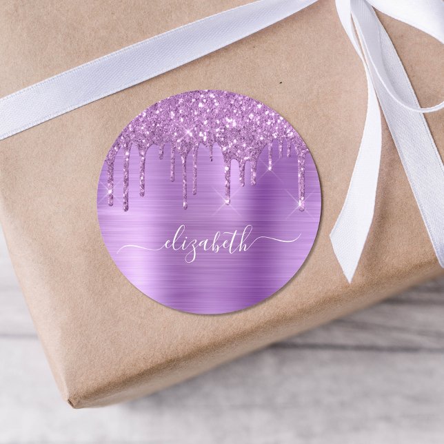 Purple Glitter Personalized Classic Round Sticker (Creator Uploaded)