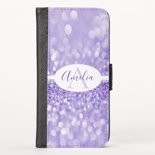 Purple Glitter Personalized iPhone Wallet Case (Front)