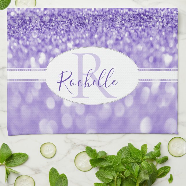 Purple Glitter Personalized Kitchen Towel (Folded)