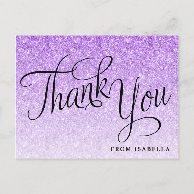 Purple Glitter Personalized Thank you Postcard (Front)