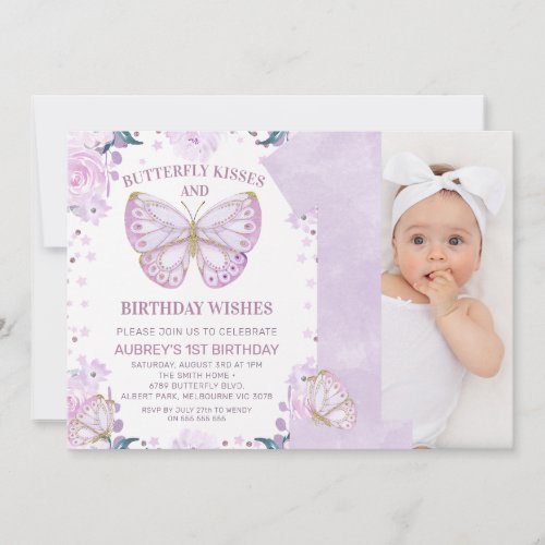 Purple Glitter Photo Butterfly Kisses 1st Birthday Invitation
