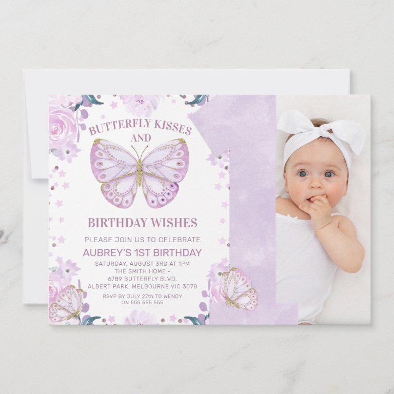 Purple Glitter Photo Butterfly Kisses 1st                    Birthday Invitation