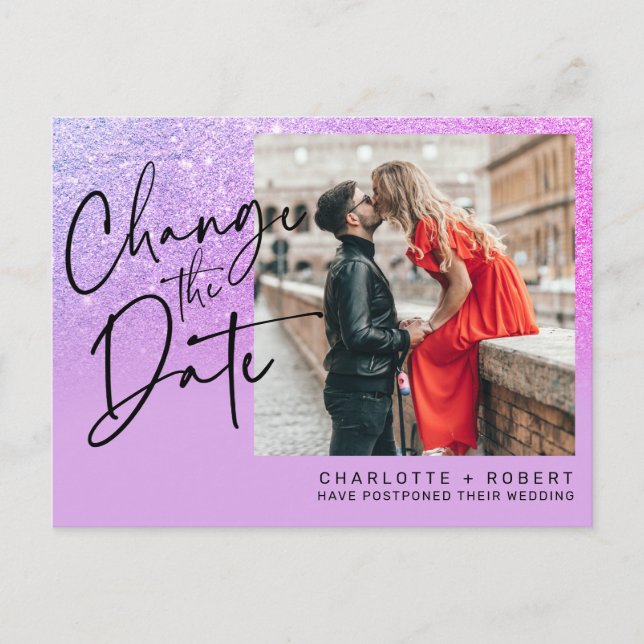 Purple glitter photo wedding change the date announcement postcard (Front)